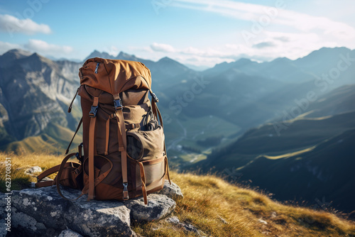 Hiking backpack in mountains. Brown travel bag in nature with copy space. Hike, adventure, tourism concept