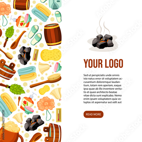 russian sauna accessories vertical banner. russian sauna attributes, bath sponge, towel, sauna items, soap and broom. bathhouse vector cartoon pattern