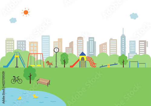 公園の遊具と街の手描きイラストセット