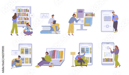 online library with people concept. cartoon characters reading paper books and online, listening audio books. vector flat illustration