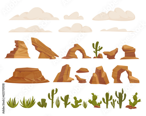 desert landscape items set. dry desert fauna, cacti, dried trees, rocks stones, tumbleweed, green piked plants. vector cartoon constructor