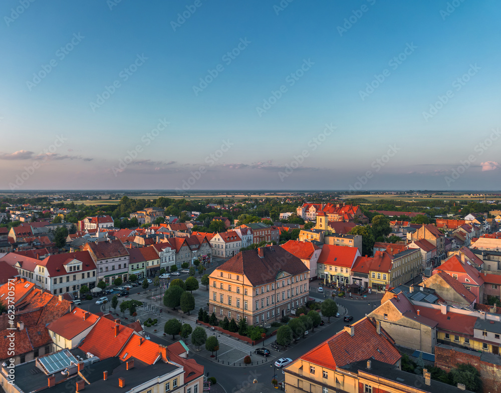 Aerial summer evening cityscape of the old town market square in Pleszew, Wielkopolska, Poland