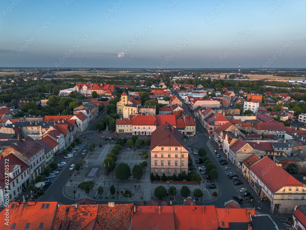 Aerial summer evening cityscape of the old town market square in Pleszew, Wielkopolska, Poland