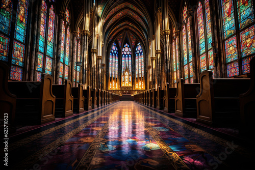 ステンドグラスの美しい教会の礼拝堂：AI生成画像