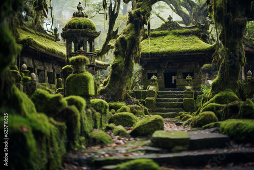 コケに覆われた森にたたずむ寺の廃墟：AI生成画像