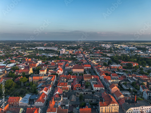 Aerial summer skyline panoramic view of the old town in Pleszew, Wielkopolska, Poland, at sunset