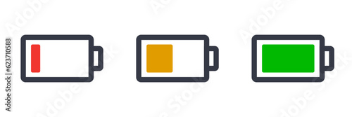 Battery icon set by remaining charge level. Vector.