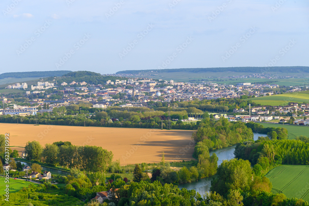 Panoramic view on valley of Marne river near Epernay, Champange, France