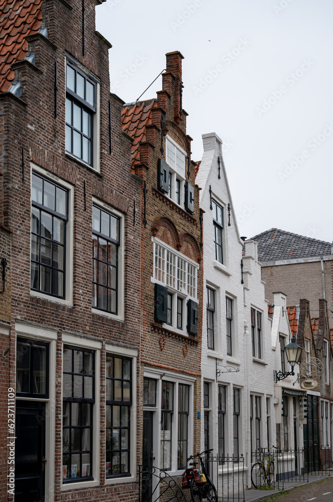 Walking in old Dutch town Zierikzee with old small houses and streets, Zeeland, Netherlands
