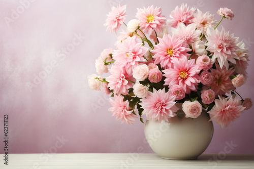 pink bouquet of flowers in a vase on a pastel background. ai generative