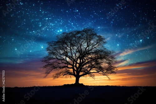 Silhouette of a single tree under the radiance of a star-filled sky