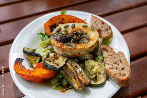 Healthy vegetarian food, Grilled vegetables with goat cheese salad