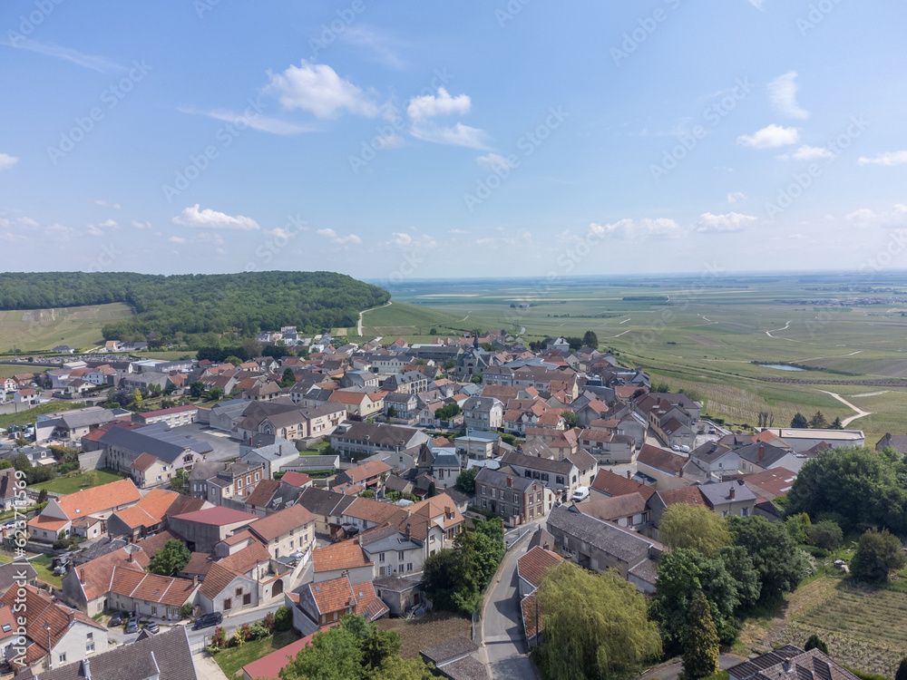Panoramic aerial view on green grand cru champagne vineyards and village Cramant, Cotes des Blancs, Champange, France