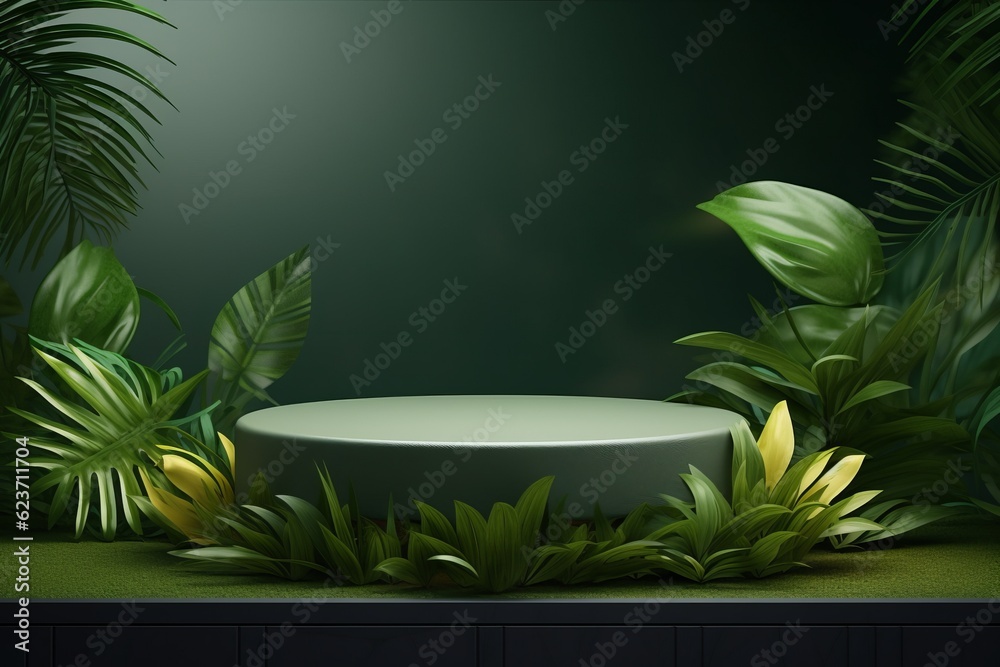 Green podium in the jungle. Green background for cosmetic product. Green podium in the jungle. Green background for cosmetic product.