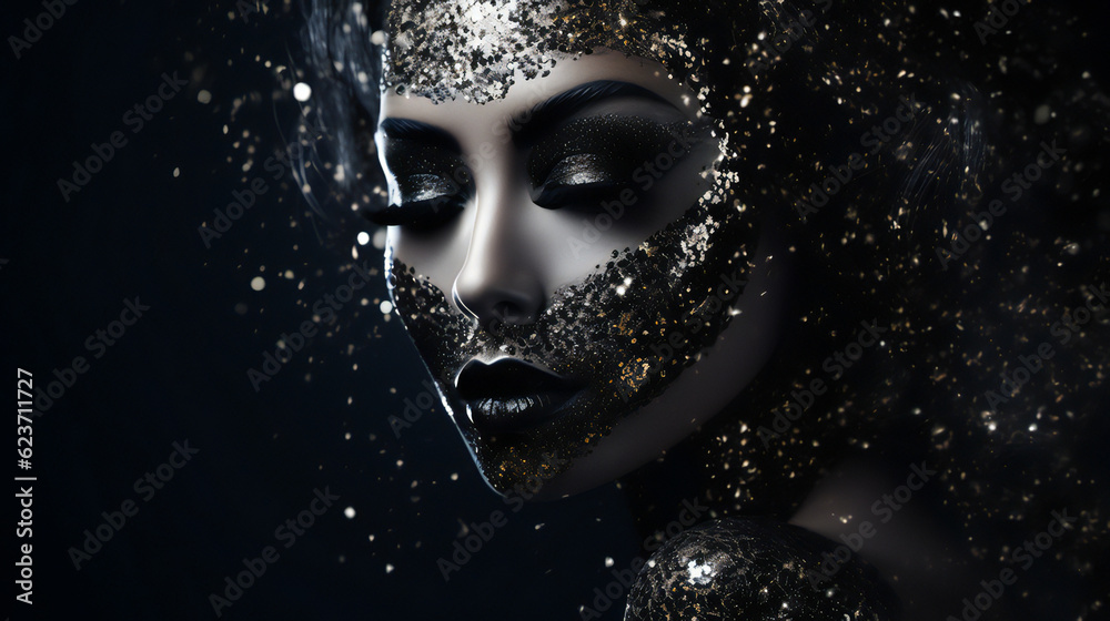Closeup of Black Glitter Glamorous makeup on a model. Generative AI. Closeup of Black Glitter Glamorous makeup on a model. Generative AI.