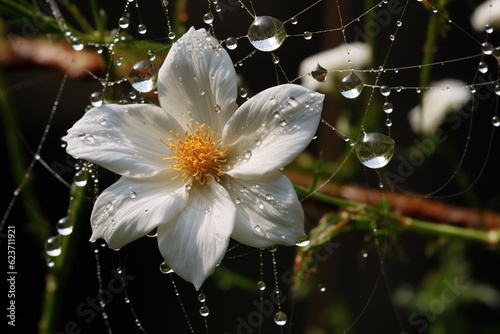 Single dew drop suspended on a spider's web between flowers