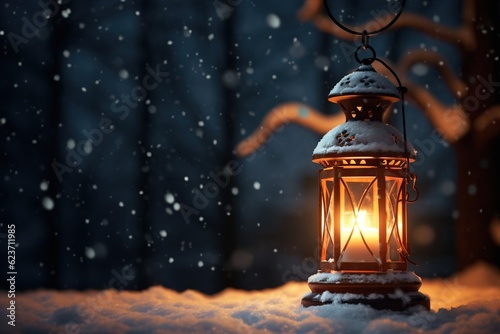 Single lantern glowing bright on a snowy winter night
