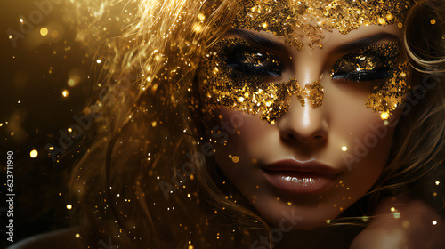 Closeup of Gold Glitter Glamorous makeup on a model. Generative AI.