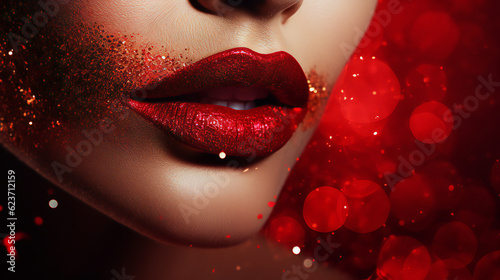 Closeup of Red  Glitter Glamorous makeup on a model. Generative AI.