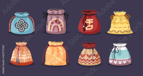 lucky korean bags set. fortune telling pockets with different patterns , floral pouches with hieroglyphs, traditional korean or chinese culture. vector cartoon illustration