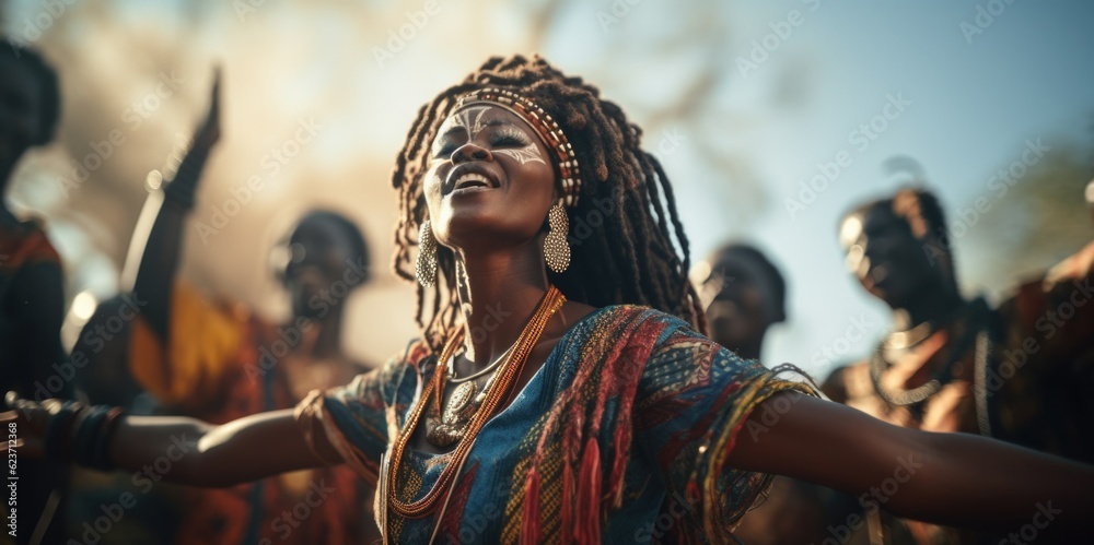 Φωτογραφία Cinematic Celebration: Wide Angle Shot of an African Woman Guiding Tribal Dance,
