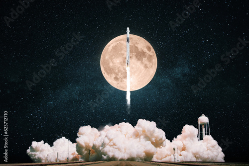 Fototapeta Naklejka Na Ścianę i Meble -  New space ship rocket with smoke and clouds lift off into the starry sky with full moon. Rocket take off. Space Mission Launch to the Moon Concept.