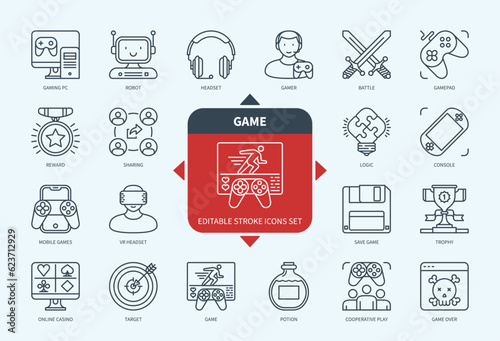 Editable line Game outline icon set. Console, Online Casino, VR Headset, Potion, Controller, Mobile Games, Gadget, Sharing. Editable stroke icons EPS