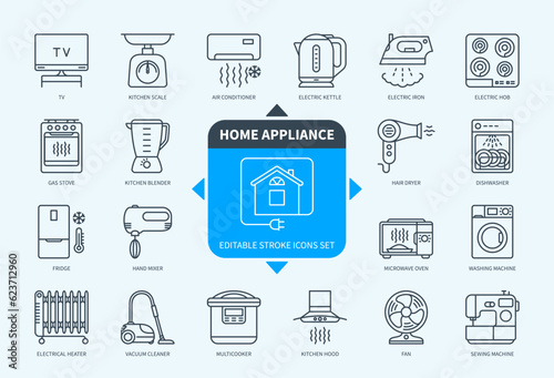 Editable line Home Appliance outline icon set. Washing Machine, Microwave, Vacuum Cleaner, Fridge, Electrical Heater, Electric Iron, Fan, TV. Editable stroke icons EPS