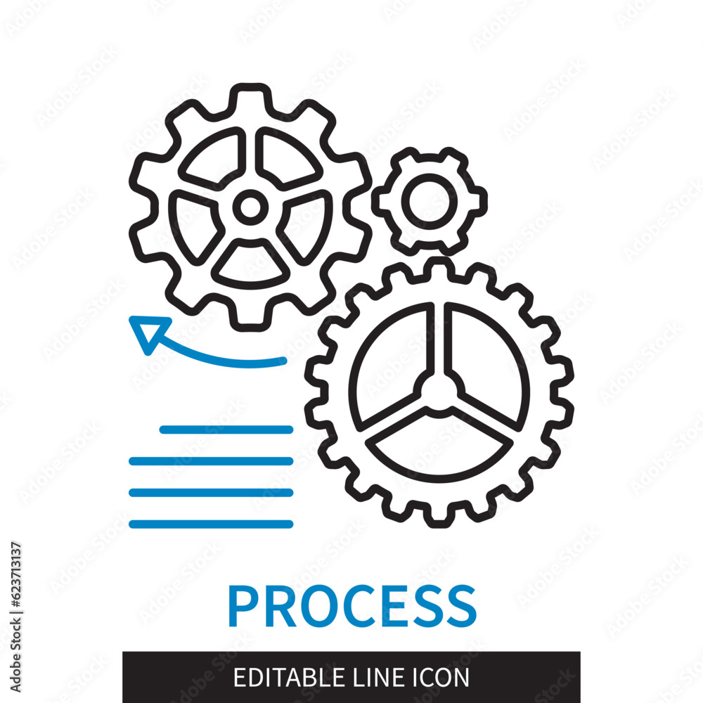 Editable line Process outline icon. Spinning gears and lines of text. Editable stroke icon isolated on white background Editable line Process outline icon. Spinning gears and lines of text. Editable stroke icon isolated on white background