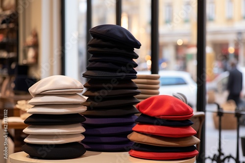 Stack of French berets in a small boutique in Paris