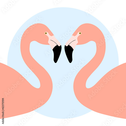 Couple Chilean flamingo characters. Phoenicopterus chilensis isolated on white background. Bird in love who stood up in the shape of a heart. Valentine's Day. Vector illustration.