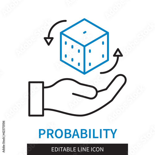 Editable line Probability outline icon. The hand rolls the dice. Editable stroke icon isolated on white background