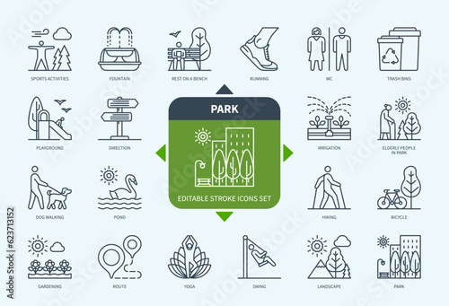 Editable line Outdoor Park outline icon set. Pond, Fountain, Dog Walking, Running, Yoga, Swing, Playground, Sport Activities. Editable stroke icons EPS