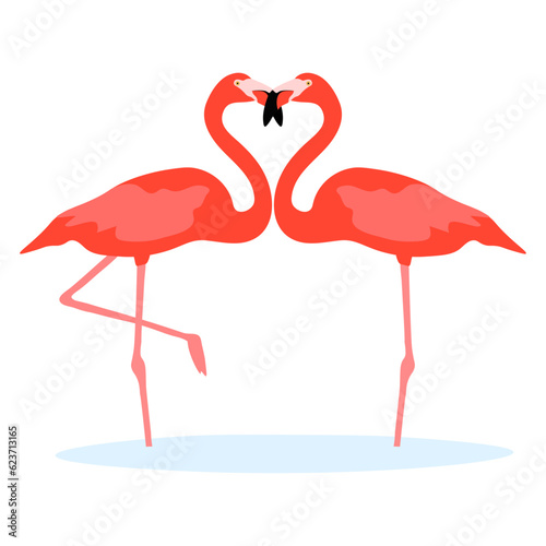 Couple American Caribbean flamingo characters. Phoenicopterus ruber isolated on white background. Bird in love who stood up in the shape of a heart. Valentine's Day. Vector illustration.