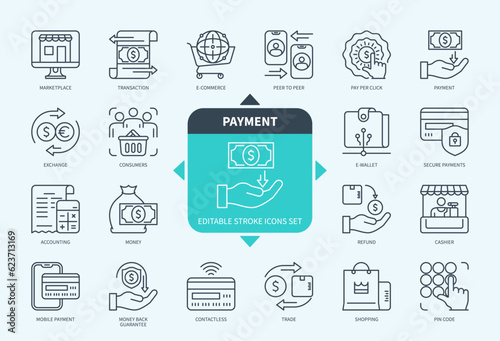 Editable line Payment outline icon set. Money, Wallet, Transaction, Refund, Exchange, Pay per Click, Accounting, Mobile Payments. Editable stroke icons EPS