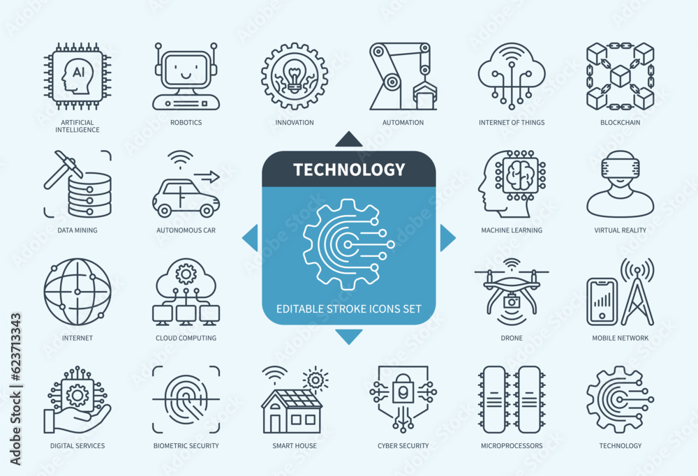 Editable line Technology outline icon set. Innovation, Artificial Intelligence, Data Mining, Robotic, Smart Home, Internet, Blockchain, Drone. Editable stroke icons EPS
