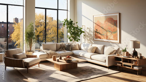 Stylish Living Room Interior with a Frame Poster Mockup, Modern Interior Design, 3D Render, 3D Illustration © Roman P.