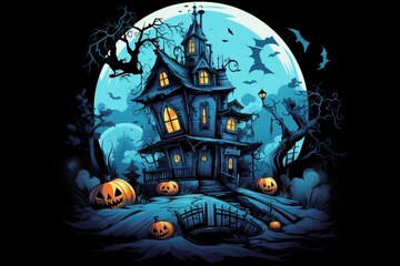 graphic t-shirt design style halloween haunted house. pumpkin heads. blue background. 