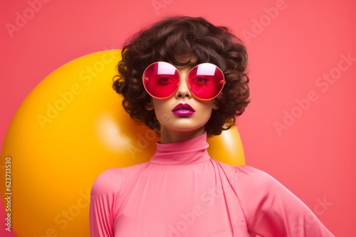 Playful Posing in Trendy Outfit, Girl in Pink, Outdoors with Beach Ball, Photorealistic Pastiche on Yellow Matte, Fashionable Costumes, Generative AI © Phanida