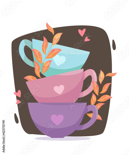three coffee cups one bye one on the other cups purple color themed and with a leaves aside.