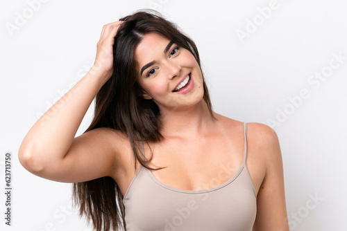 Young Brazilian woman isolated on white background with happy expression. Close up portrait