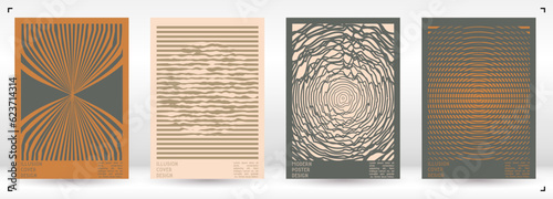 Geometrical Poster Design with Optical Illusion Effect.  Modern Psychedelic Cover Page Collection. Pastel Wave Lines Background. Fluid Stripes Art. Swiss Design. Vector Illustration for Brochure.