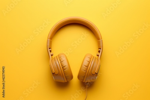 Monochromatic minimalistic yellow background with brown headphones on it.