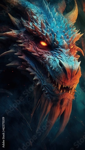 Close-Up Head of Mystical Dragon Making Ready for Fire Breath - Epic Medieval-Inspired Poster AI Generated © Alexander
