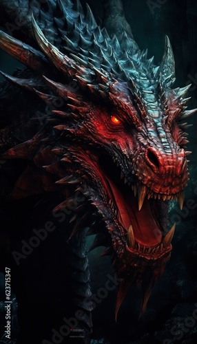 Close-Up Head of Mystical Dragon Making Ready for Fire Breath - Epic Medieval-Inspired Poster AI Generated