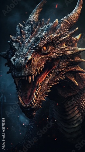 Close-Up Head of a Mystical Epic Medieval-Inspired Dragon Poster with Vibrant Colors on a Dark Background AI Generated