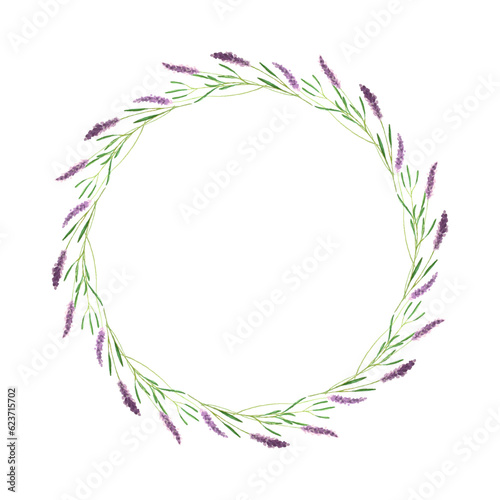 Wreath round of lavender flowers, hand-drawn in watercolor, lavender sprigs, isolated, white background.