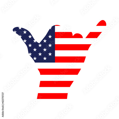 Silueta de mano con señal shaka. Mano con símbolo hang loose con los colores de la bandera de Estados Unidos de América