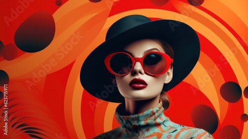 Portrait of a young girl with sunglasses and hat on red background.