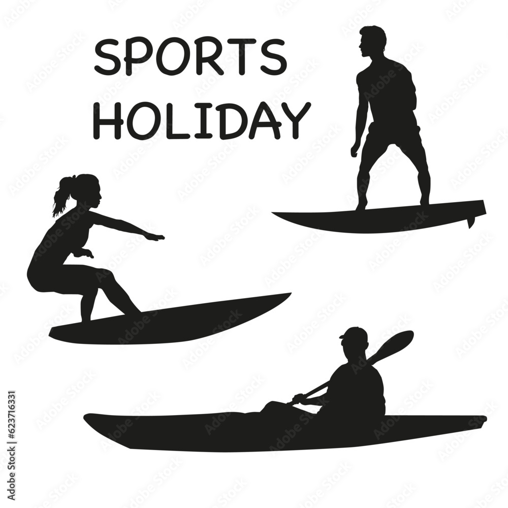 They go in for sports. Sports, healthy recreation, vector illustration. Active sports and sports exercises. Dark silhouettes.